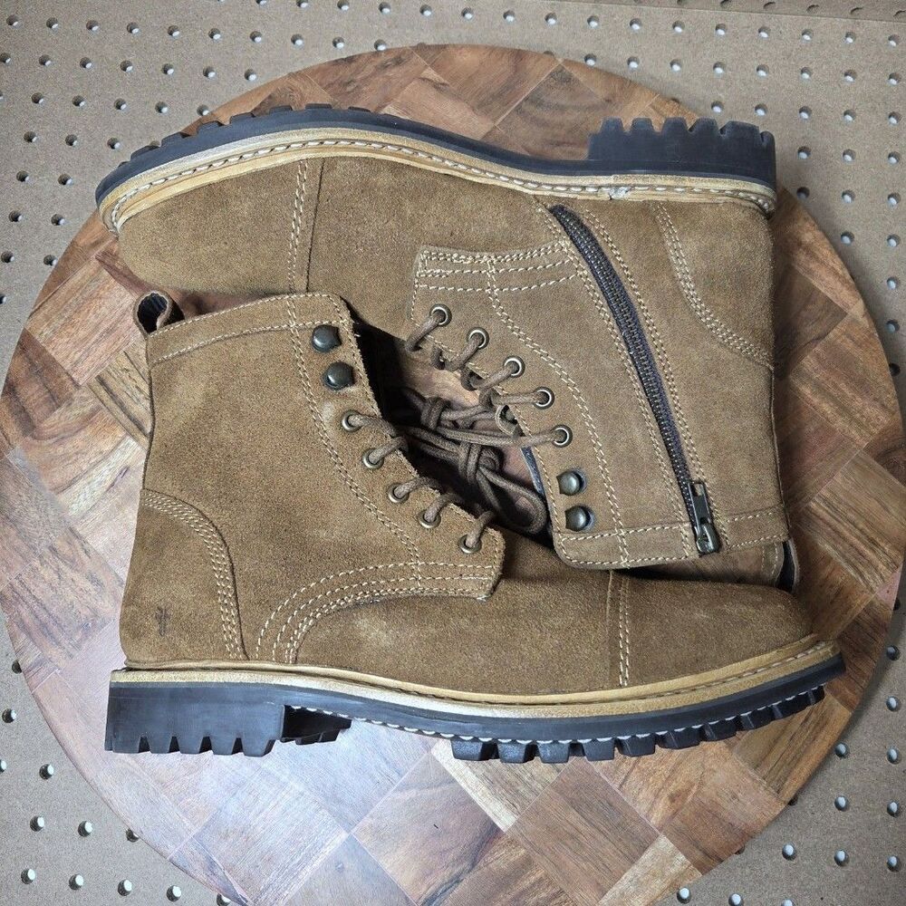 Frye Russell Mens Side Zip Lace Up Tan Leather Suede Boots Size-8.5 FR41606 NWOB